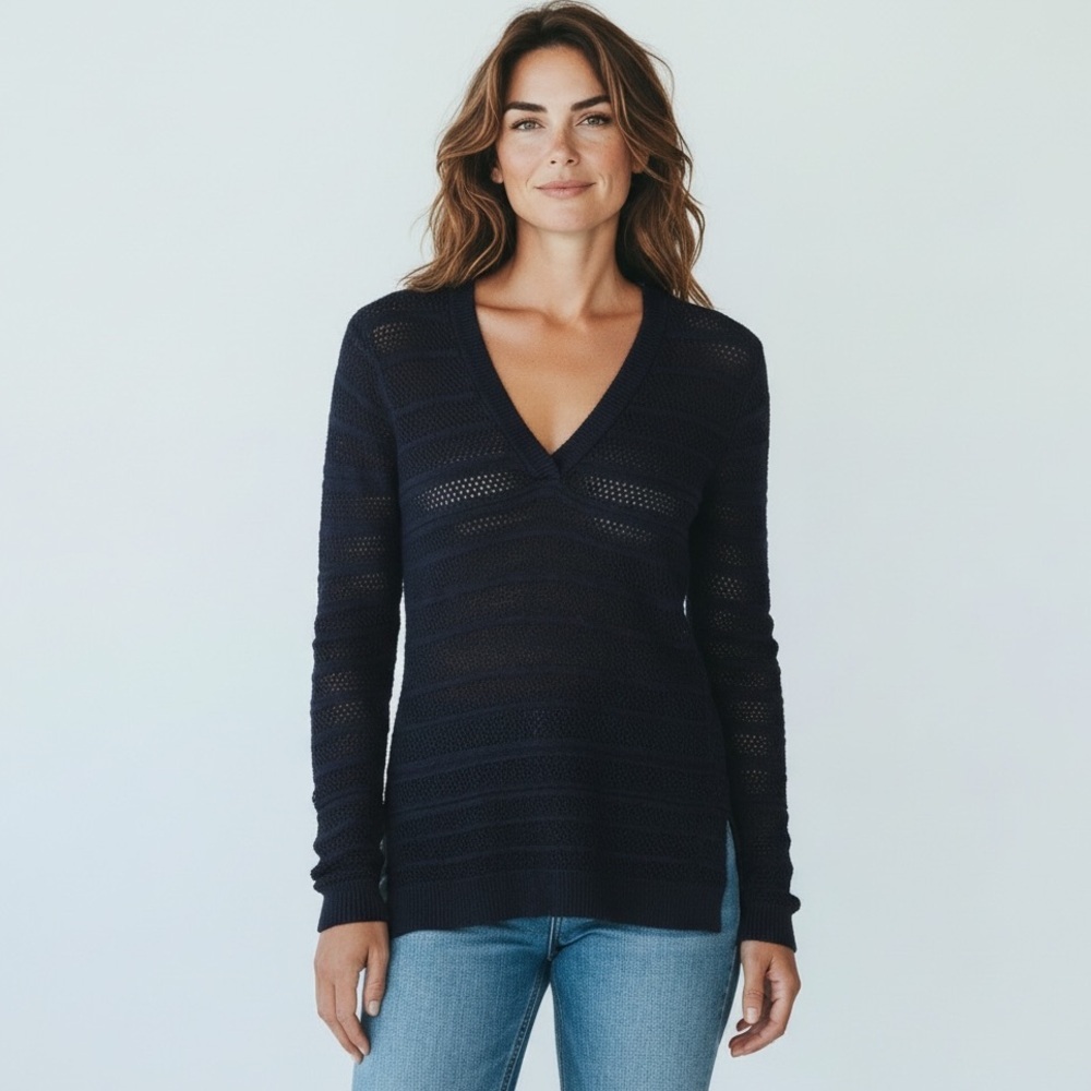Michael Kors Cotton V Neck Open Knit Lightweight Sweater High Low Slit Hem Knit